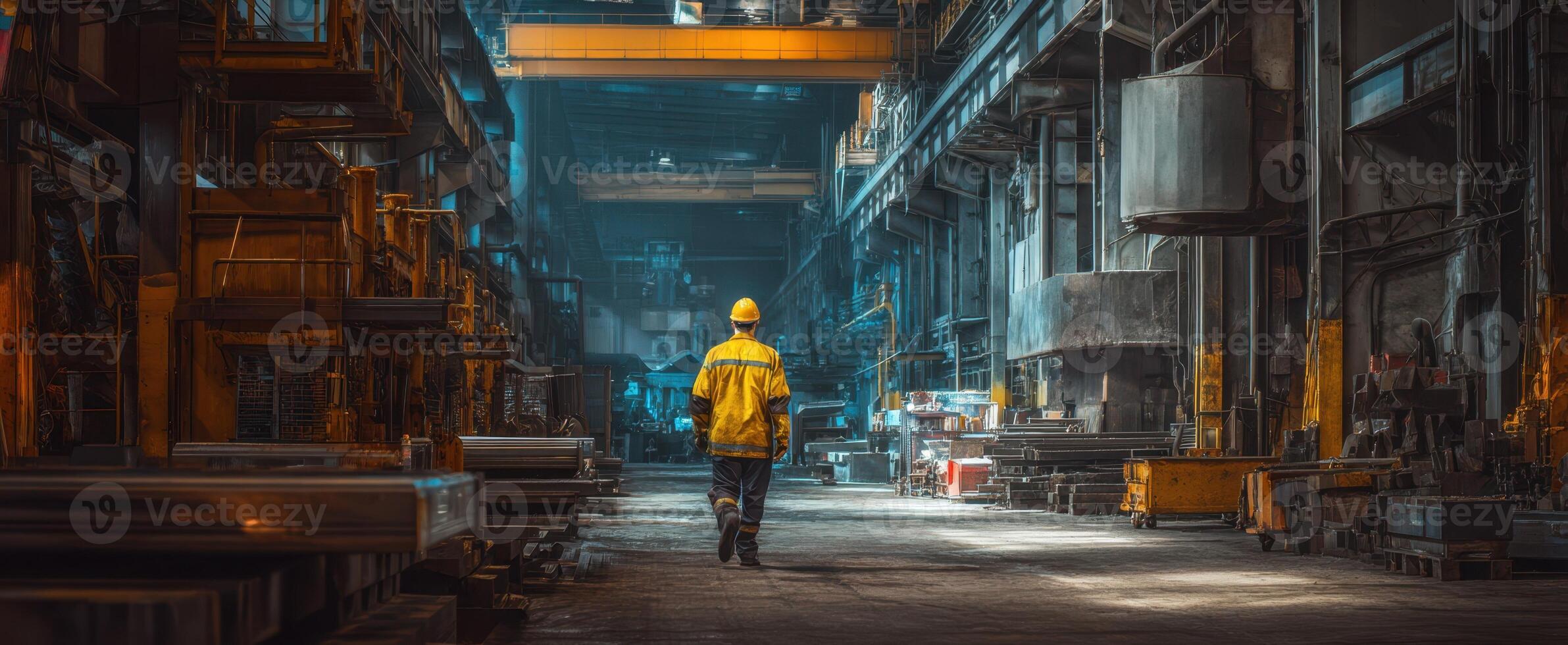 The industrial worker navigating through a vast manufacturing facility. photo