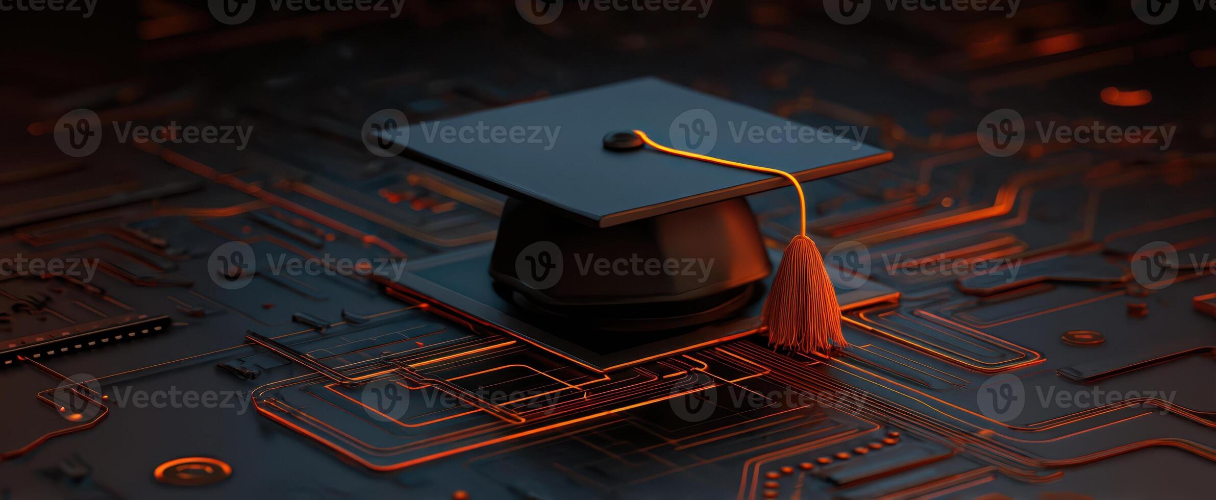 The graduation cap symbolizing the fusion of education and technology in modern learning. photo