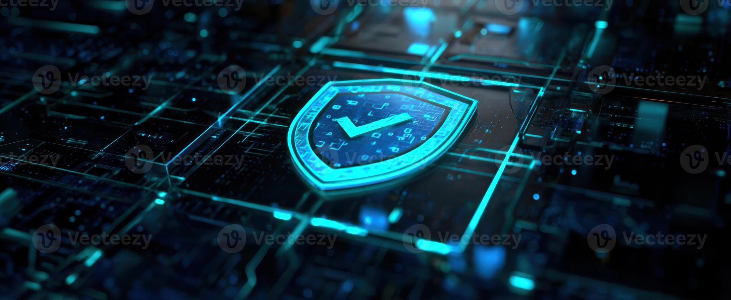 The digital shield symbolizing cybersecurity in a futuristic technology landscape. photo