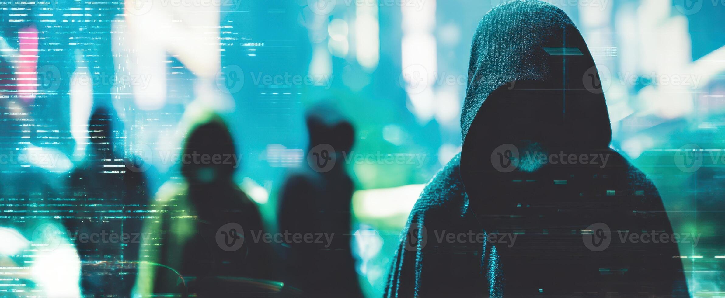 The Mysterious Hooded Figures Emerge Amidst a Digital Urban Landscape. photo