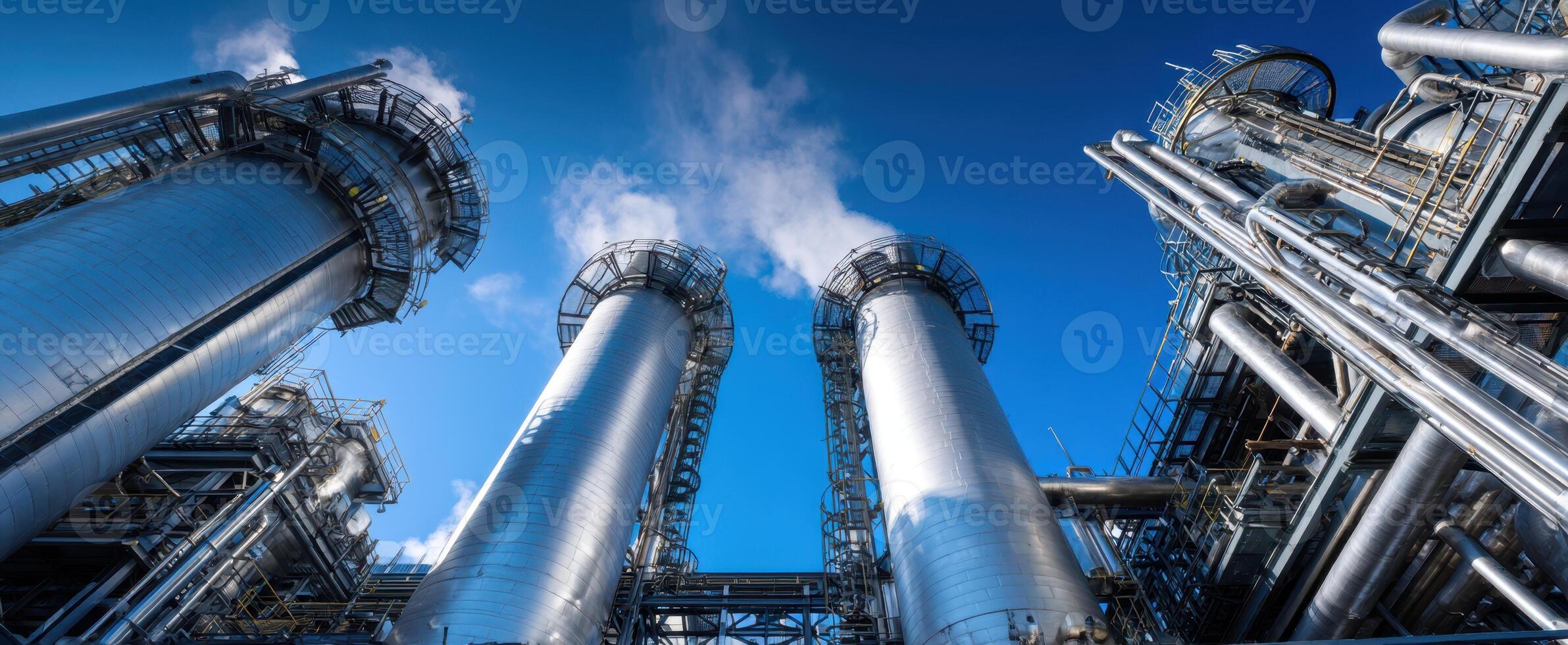 The industrial plant showcasing towering silos against a bright blue sky. photo