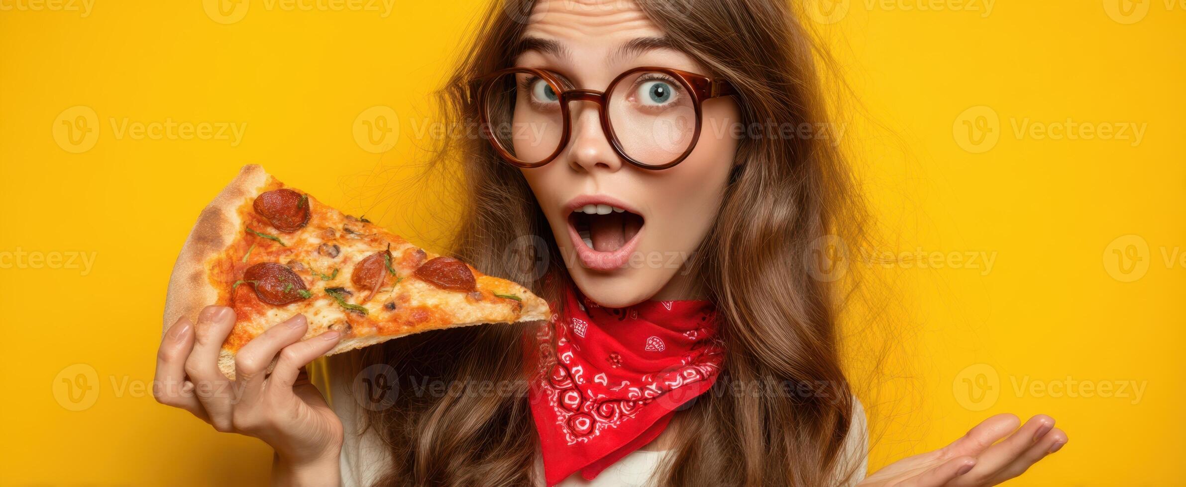 The joyful woman enjoying a slice of pizza against a vibrant yellow background. photo
