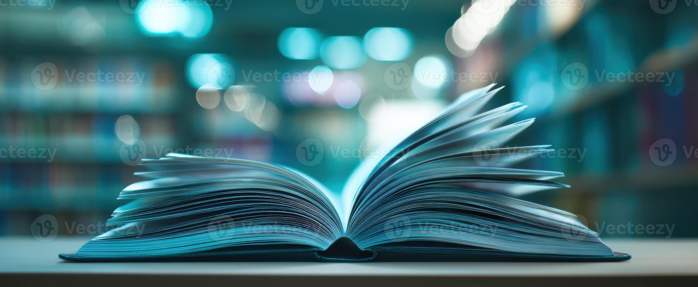 The open book showcasing its pages in a library setting. photo