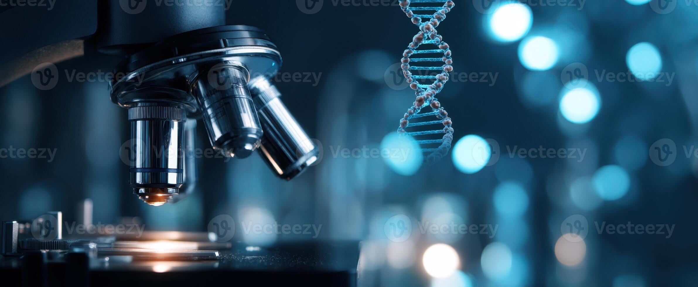 The advanced microscope revealing intricate DNA structures in a modern laboratory setting. photo