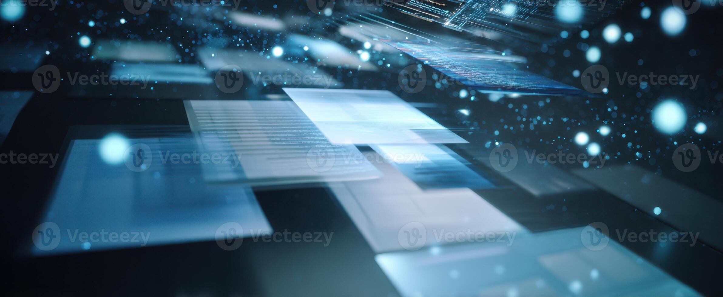 The Dynamic Motion of Floating Data Panels in a Futuristic Digital Landscape photo