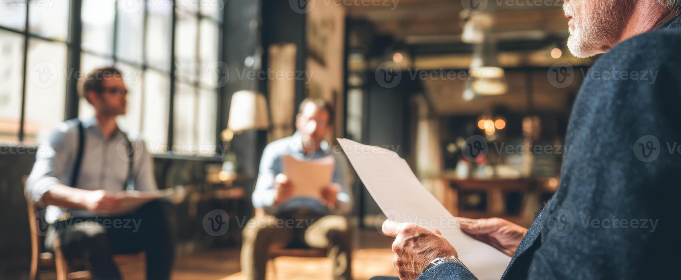 The discussion between interviewers and candidates in a modern office setting. photo