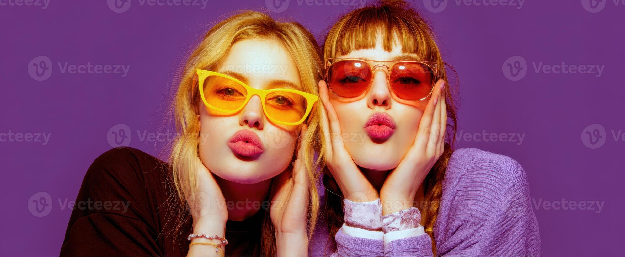 The stylish women posing together with colorful sunglasses and vibrant expressions. photo