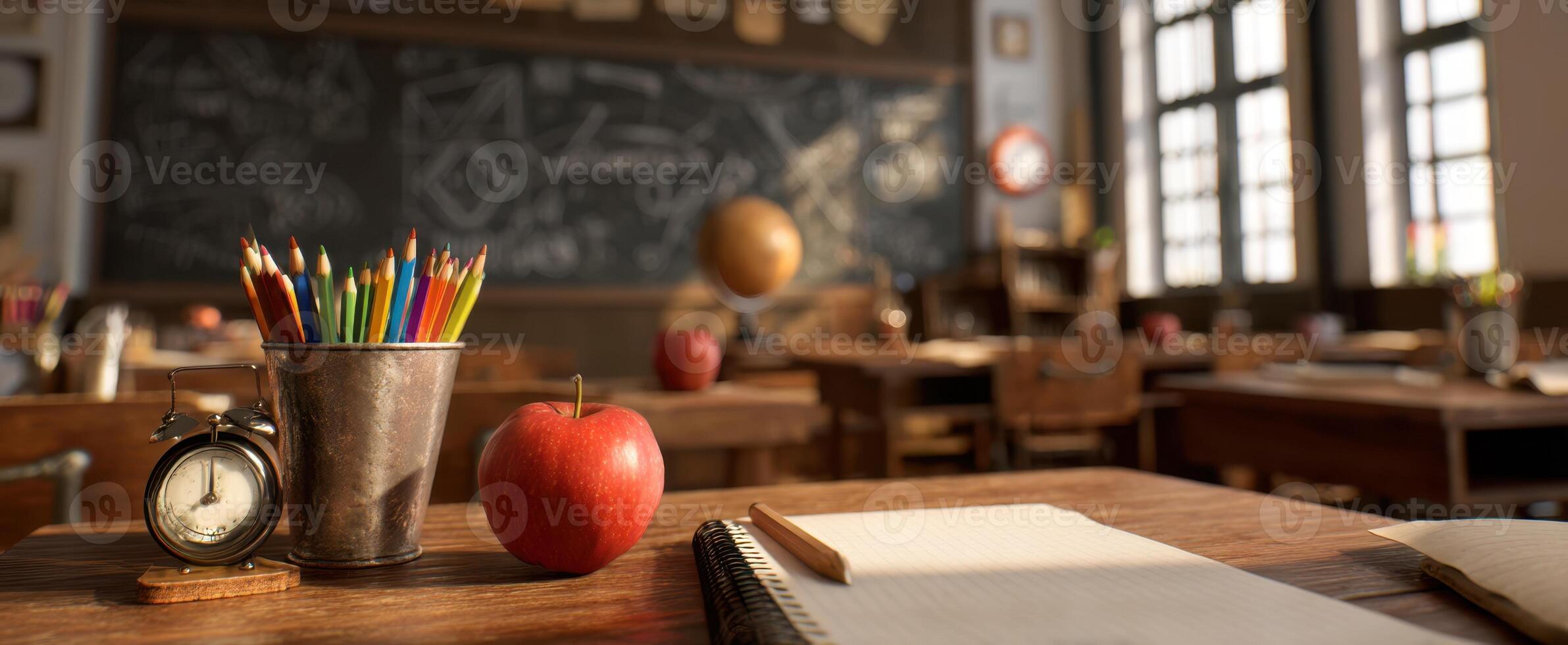 The inviting classroom with apple and colorful stationery symbols of learning. photo