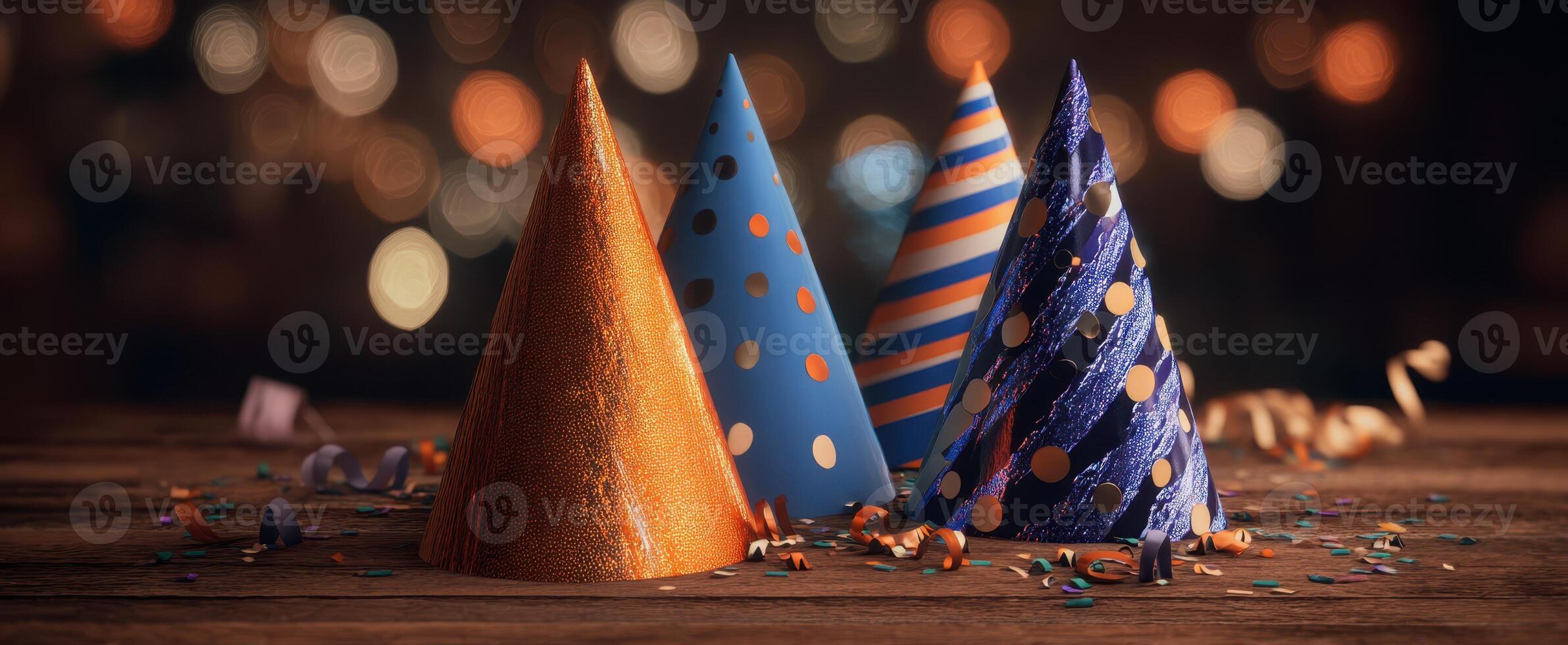 The colorful party hats arranged on a rustic wooden table with a festive vibe. photo