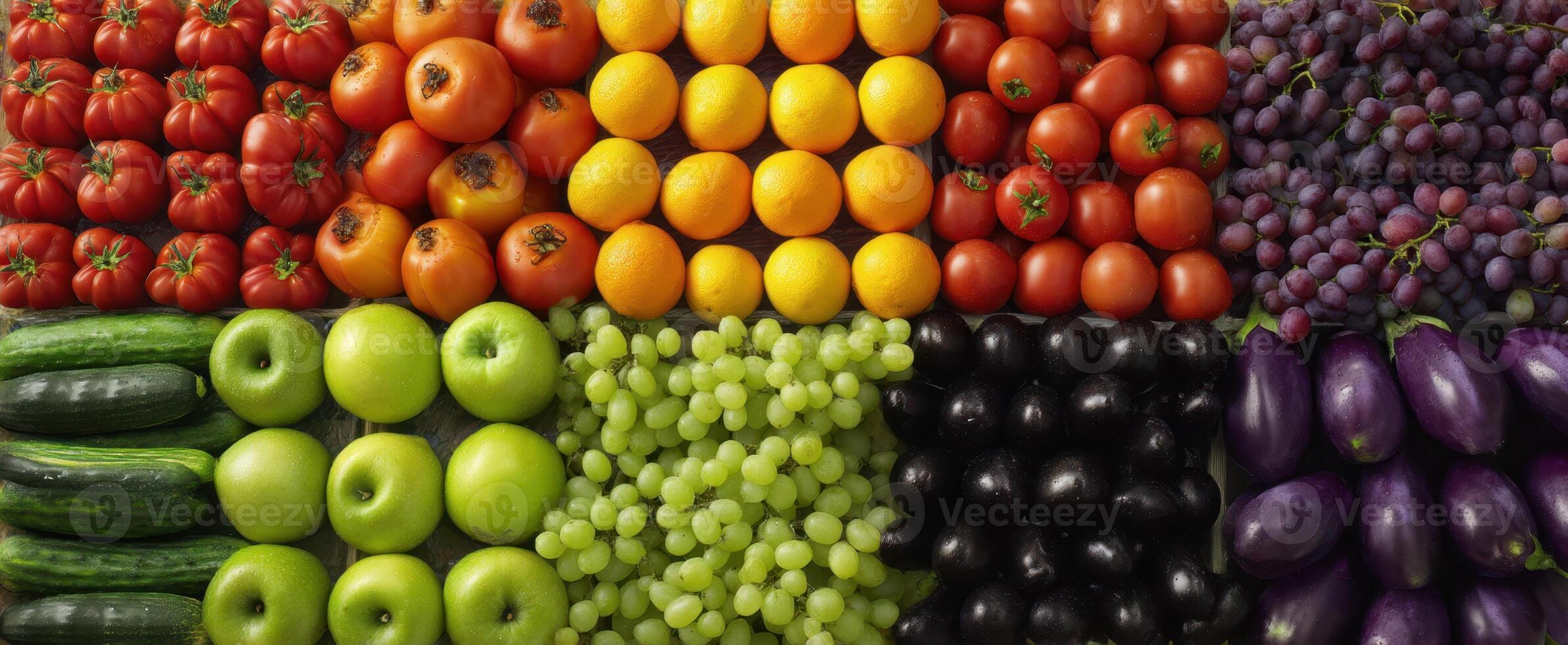 The Vibrant Display of Fresh Fruits and Vegetables in a Market Arrangement photo