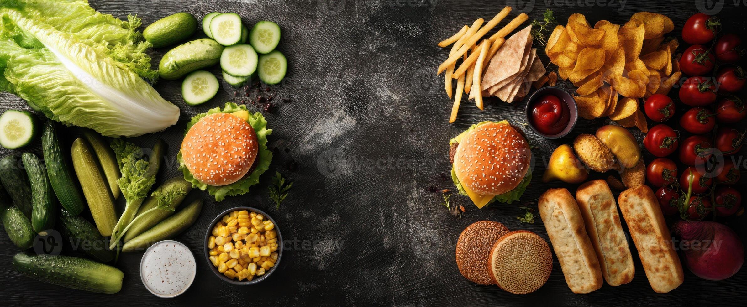 The vibrant assortment of fresh vegetables and a delicious burger platter. photo