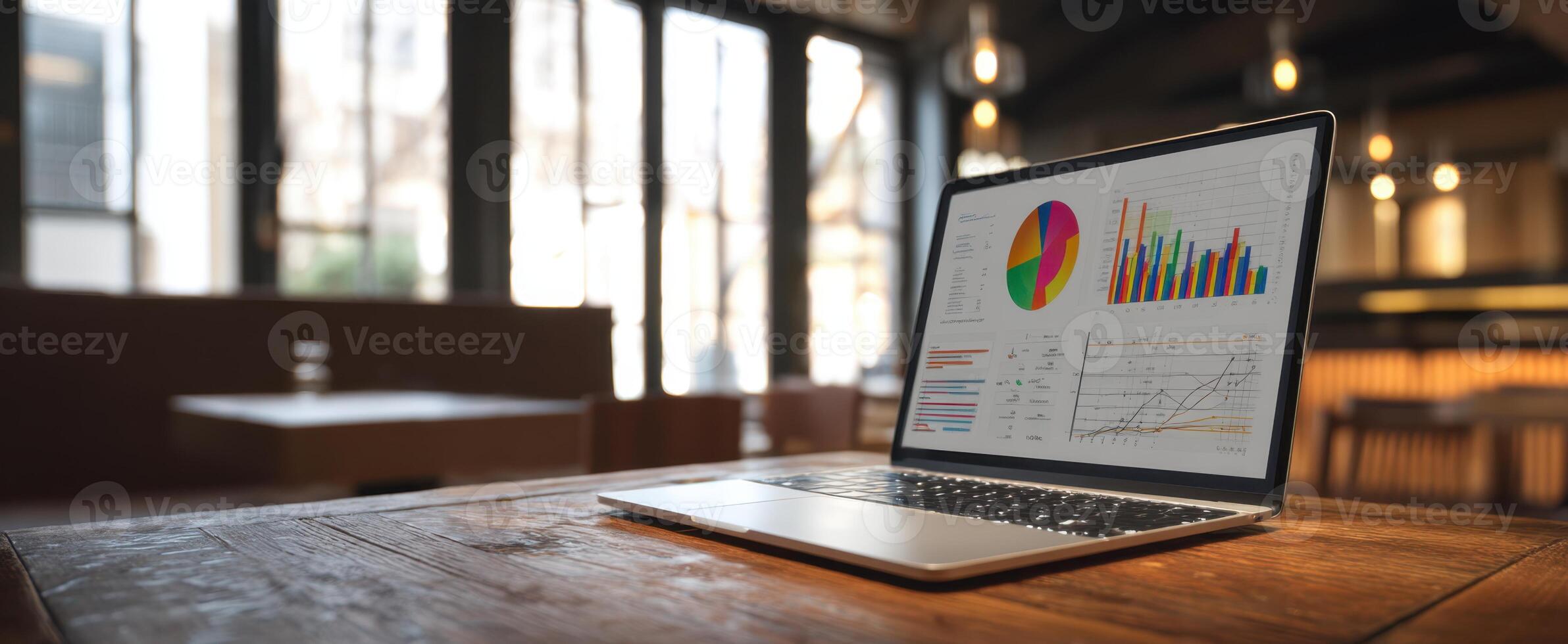 The laptop displaying data analytics in a modern workspace setting. photo