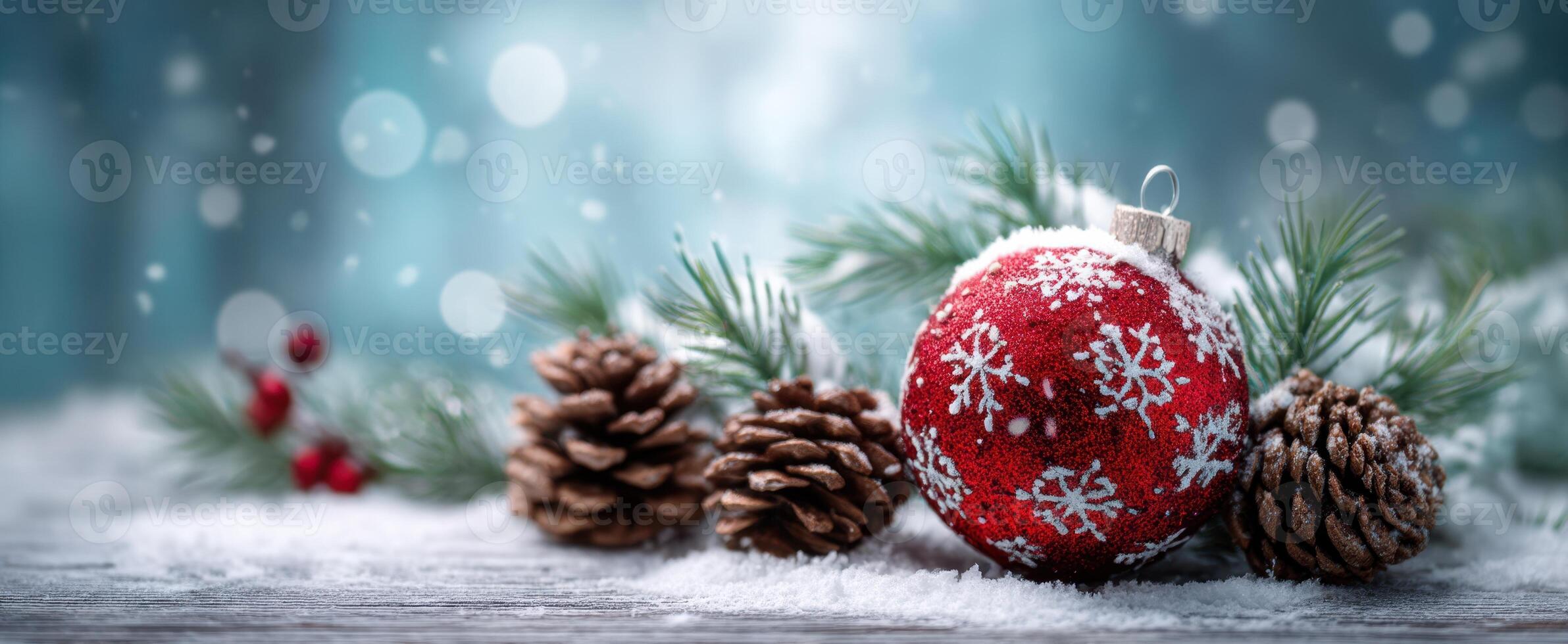 The vibrant red ornament adorned with snowflakes amidst pine branches and cones photo
