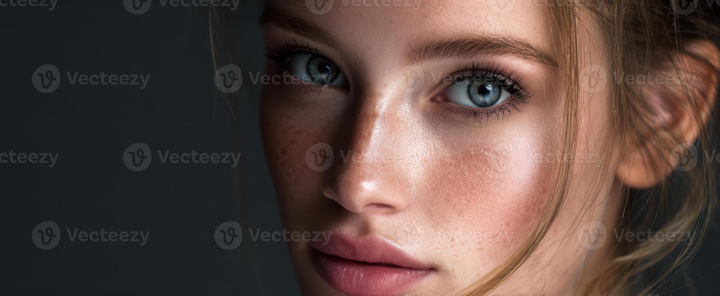 The captivating beauty of a serene model with striking blue eyes. photo