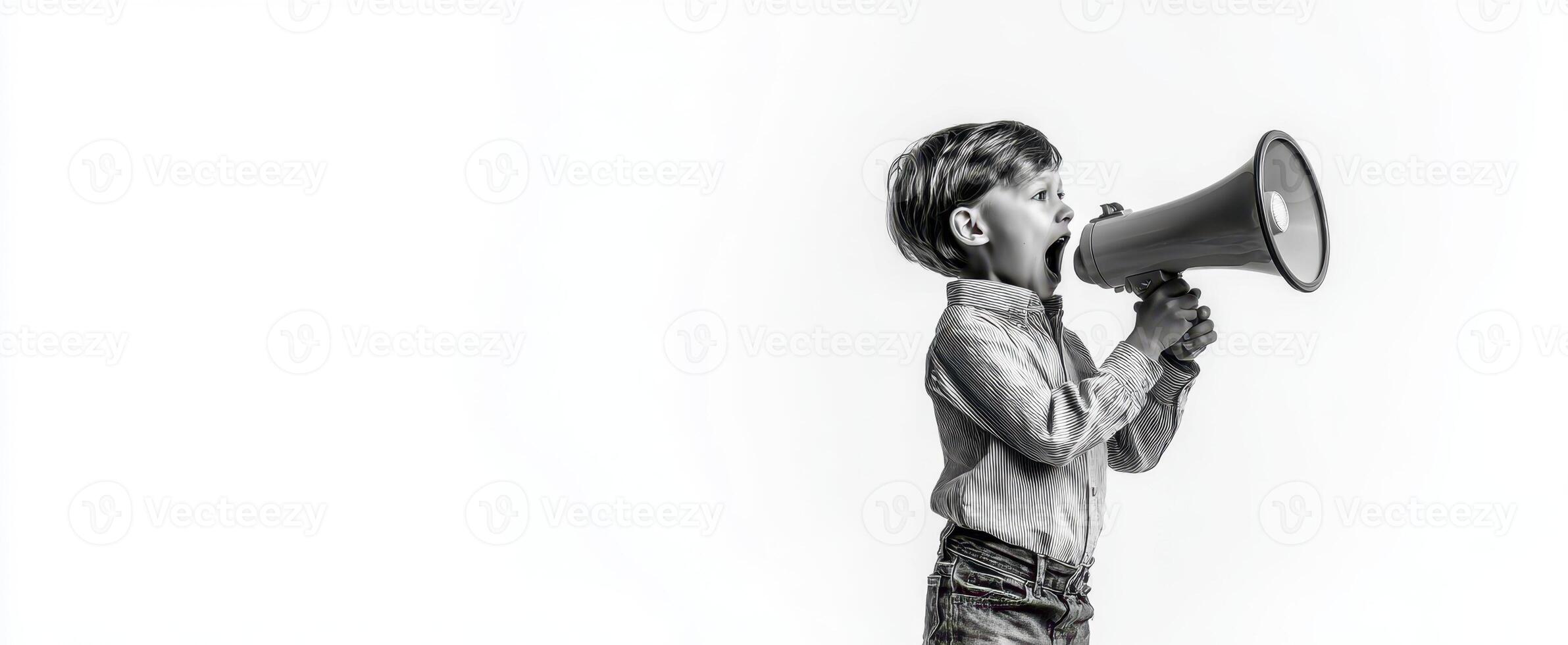 The enthusiastic child communicating loudly with a megaphone in black and white. photo