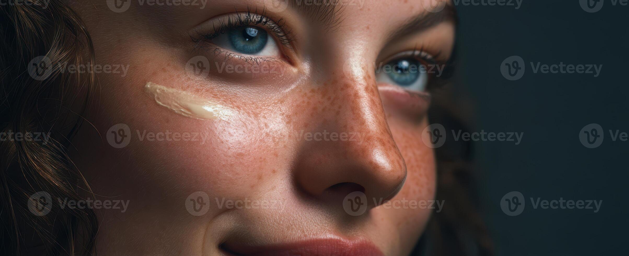 The beauty of a smiling woman applying skincare on her radiant face. photo