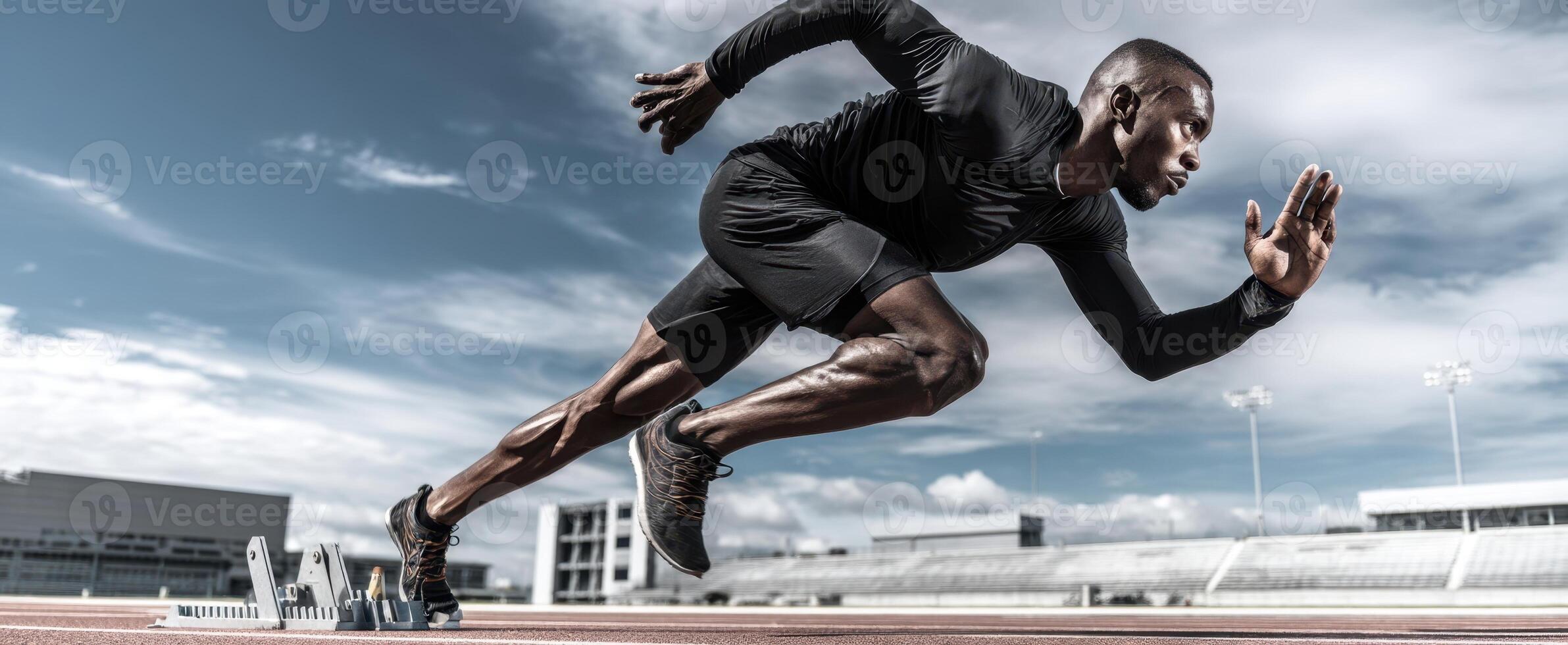 The athlete sprinting forward with determination on a track field. photo