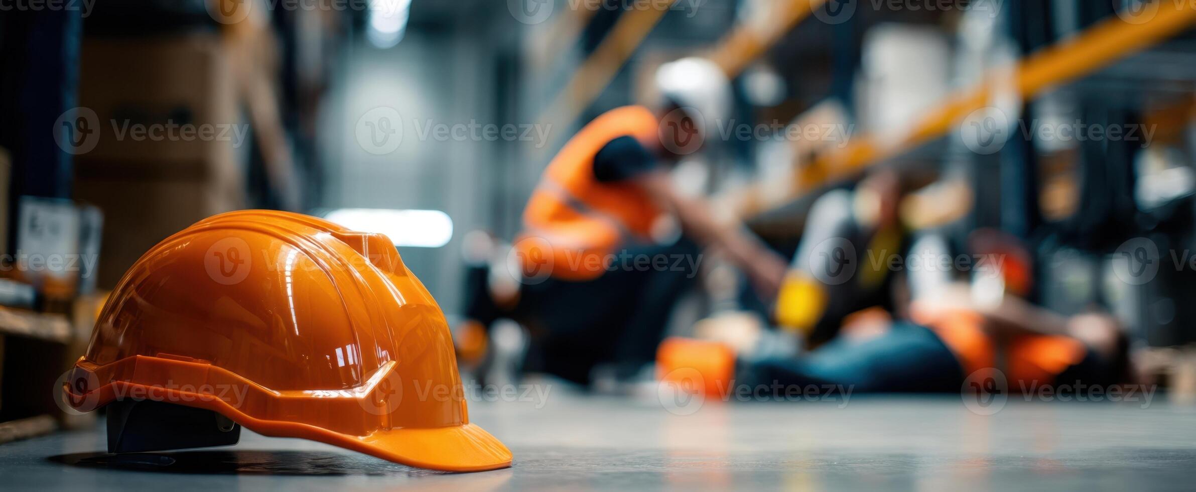 The safety helmet in a warehouse highlights the importance of workplace precautions. photo