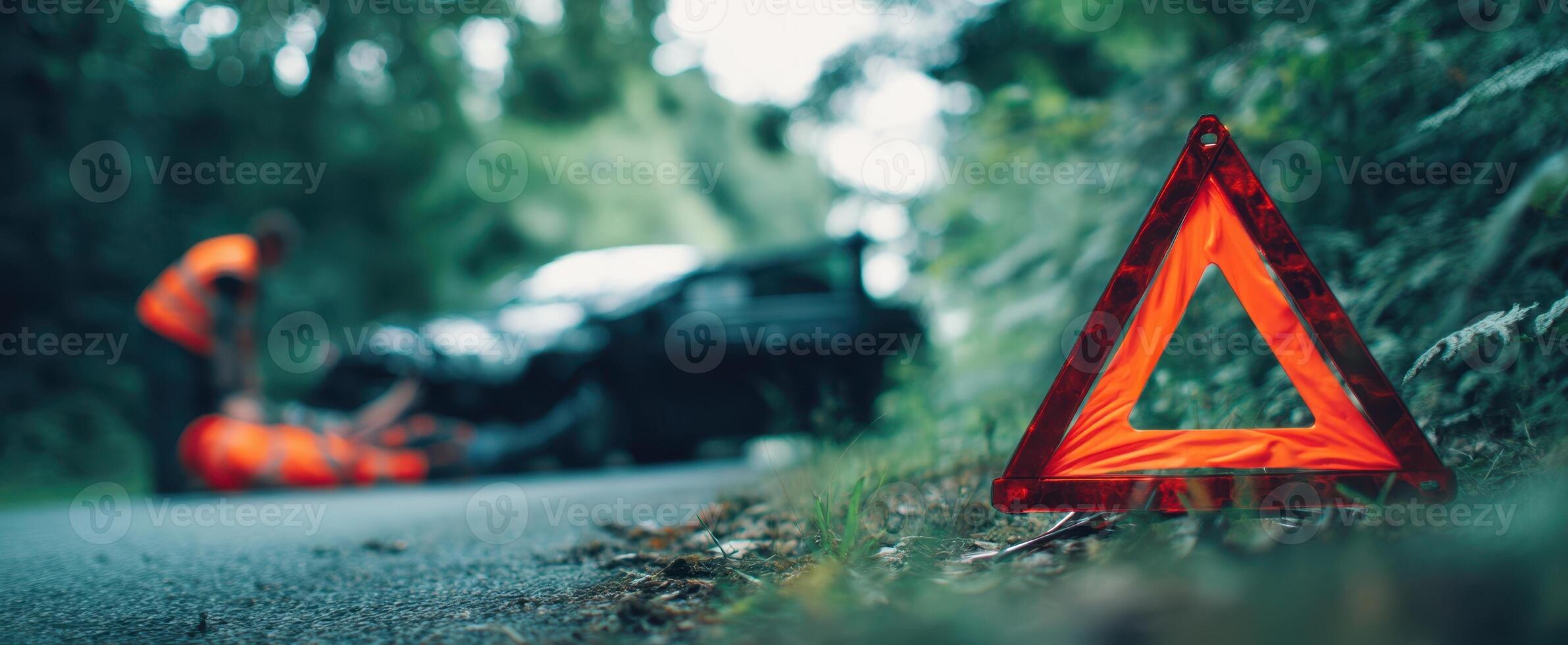 The emergency triangle alerting motorists to a roadside vehicle accident. photo