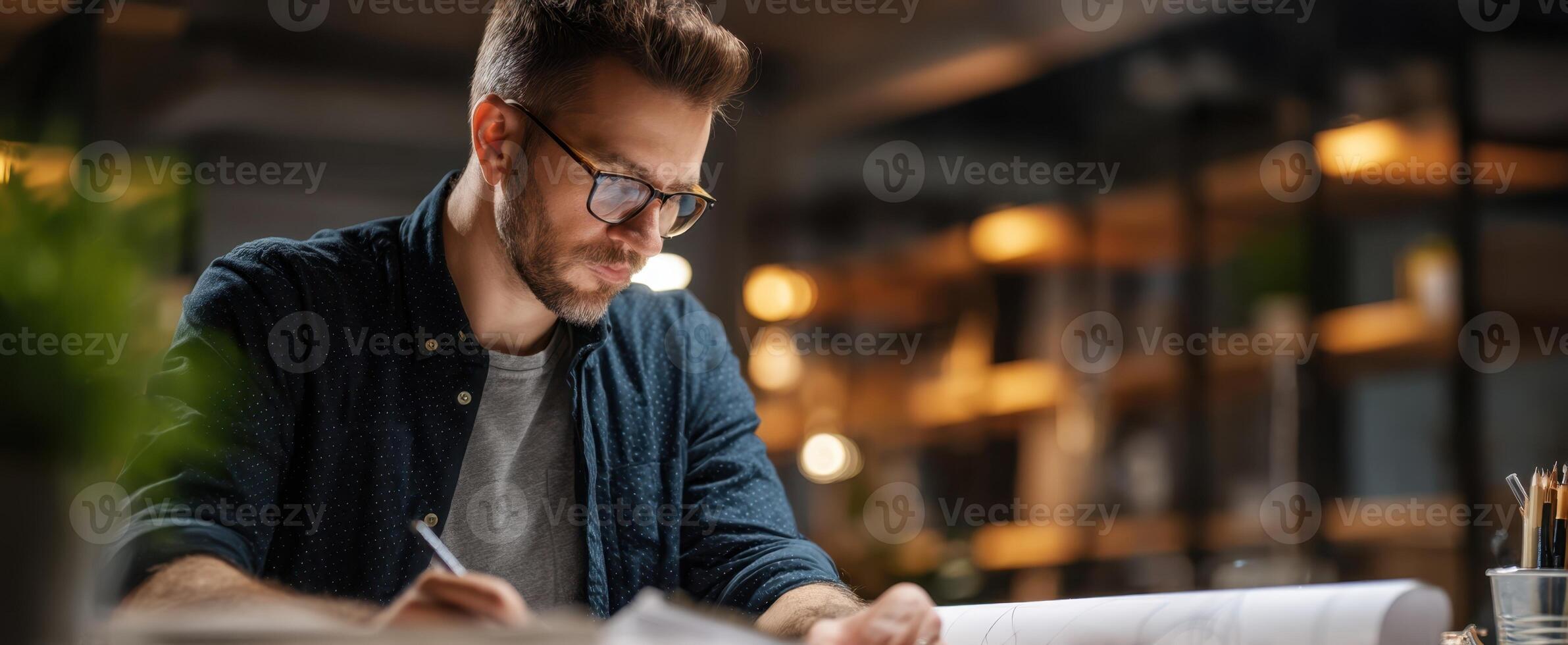 The focused architect sketching designs in a modern workspace environment. photo