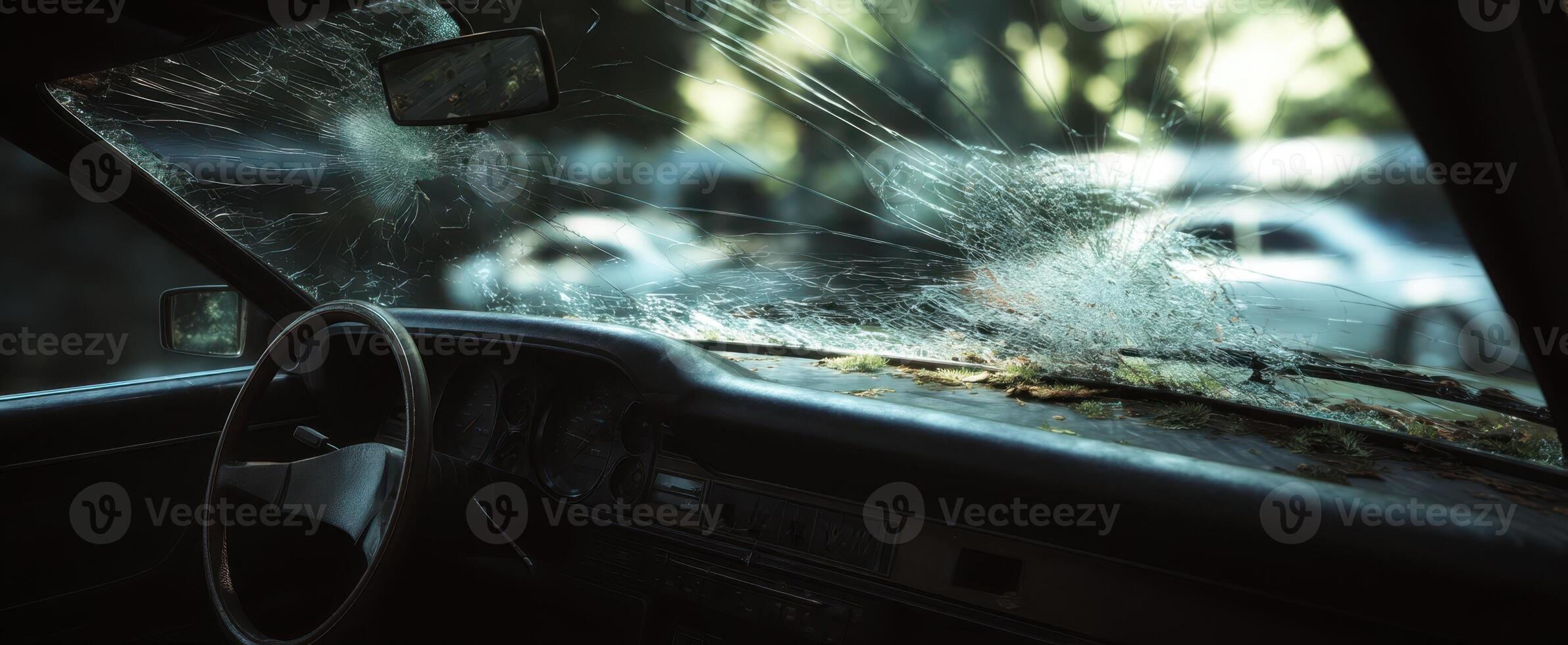 The abandoned car interior with a shattered windshield and nature reclaiming the space. photo