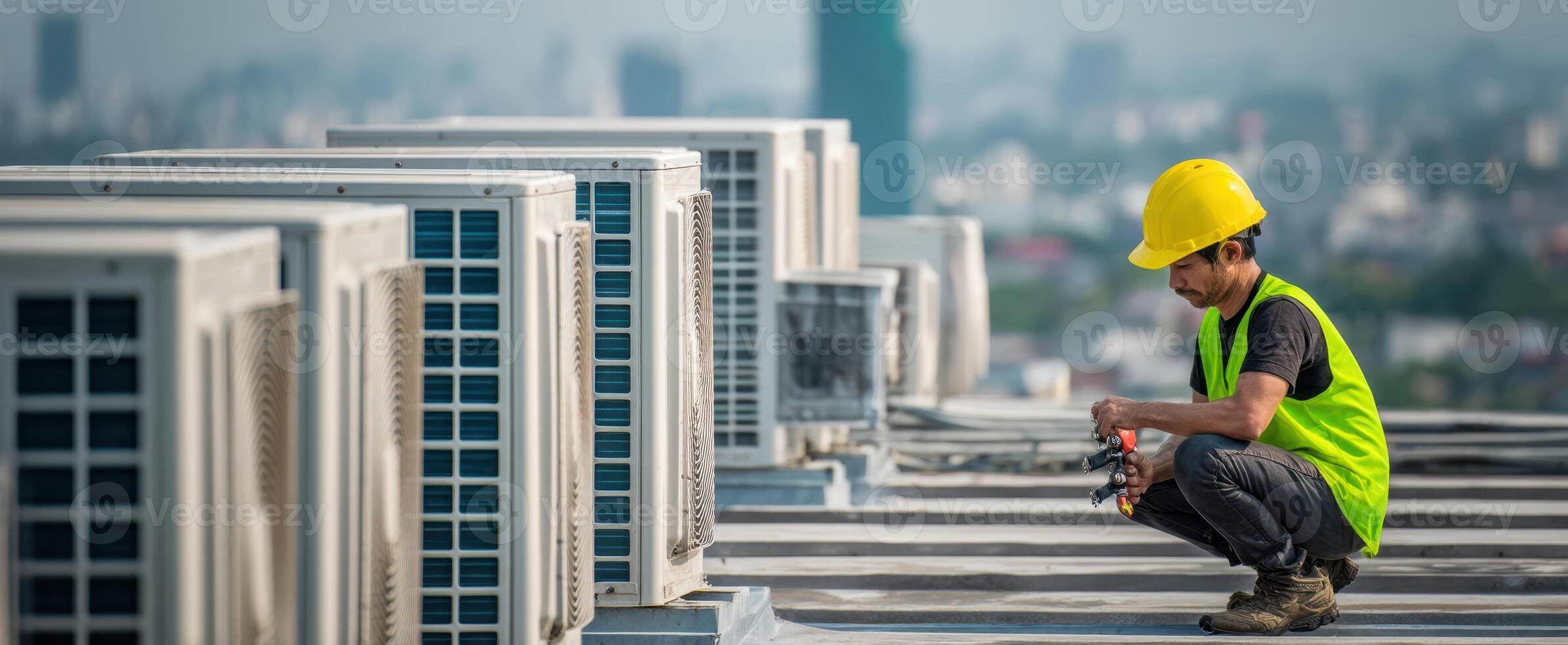 The technician performing maintenance on air-conditioning units atop a rooftop. photo