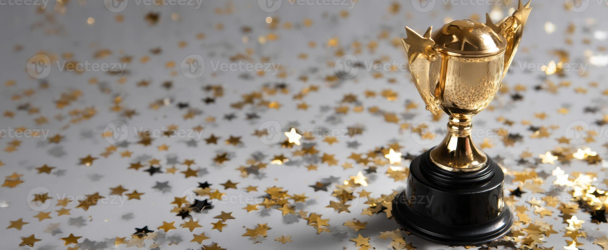 The shining trophy surrounded by sparkling stars and celebratory confetti. photo