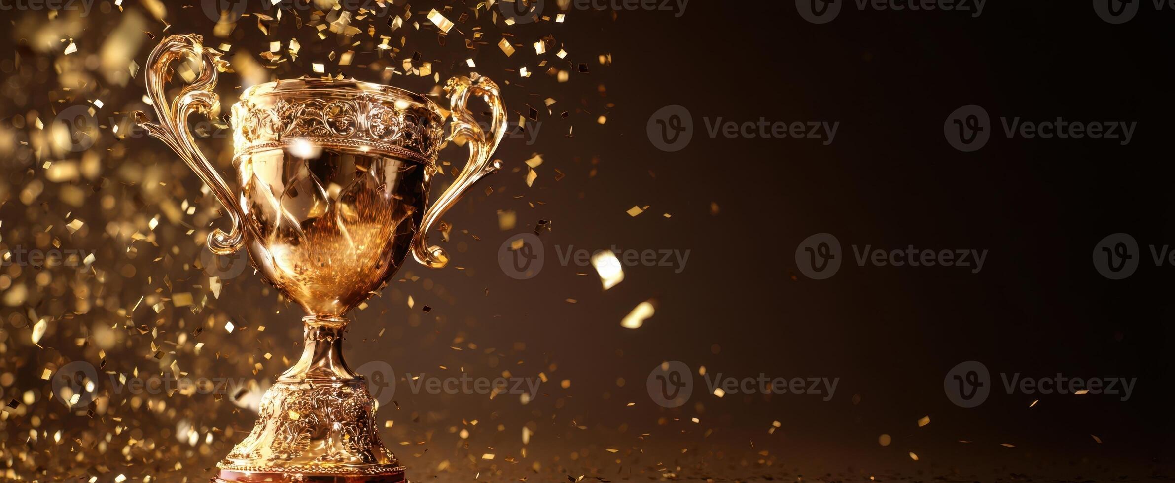 The golden trophy shining with celebration and festive glitter on a dark background. photo