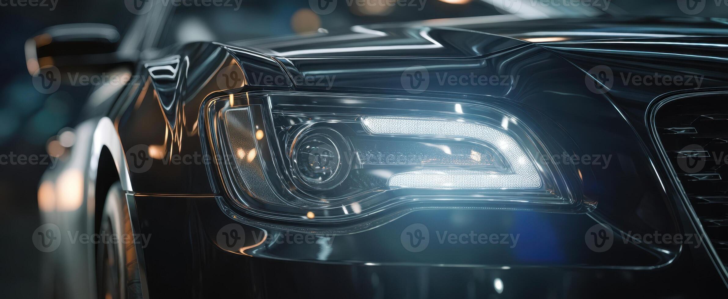 The luxury car showcasing its polished headlight and sleek design features. photo