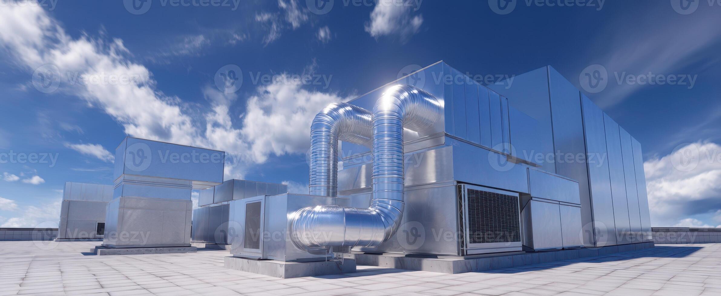 The industrial HVAC system on a modern rooftop under a clear blue sky photo
