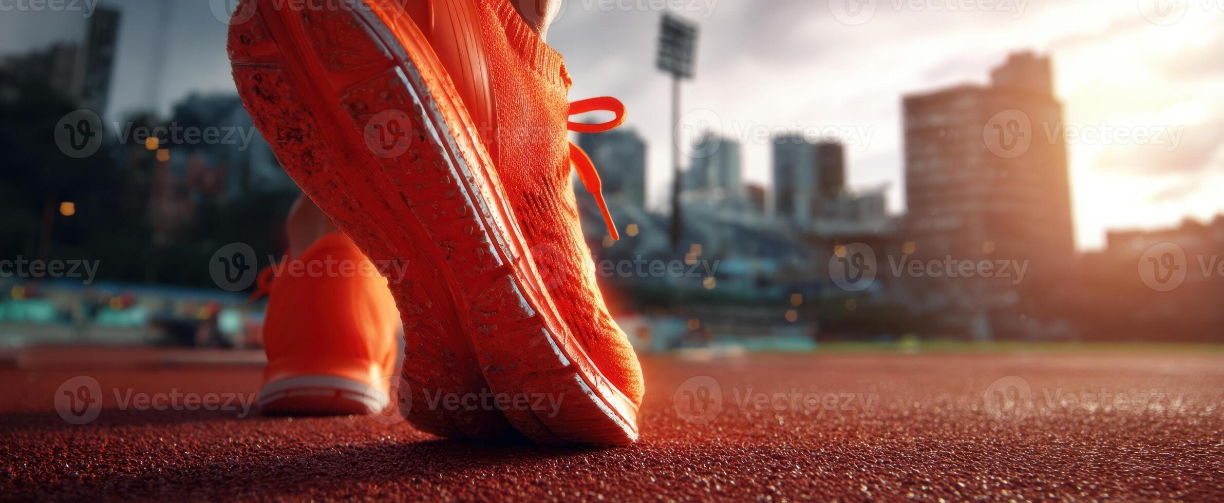 The vibrant orange running shoes on a track during sunset. photo