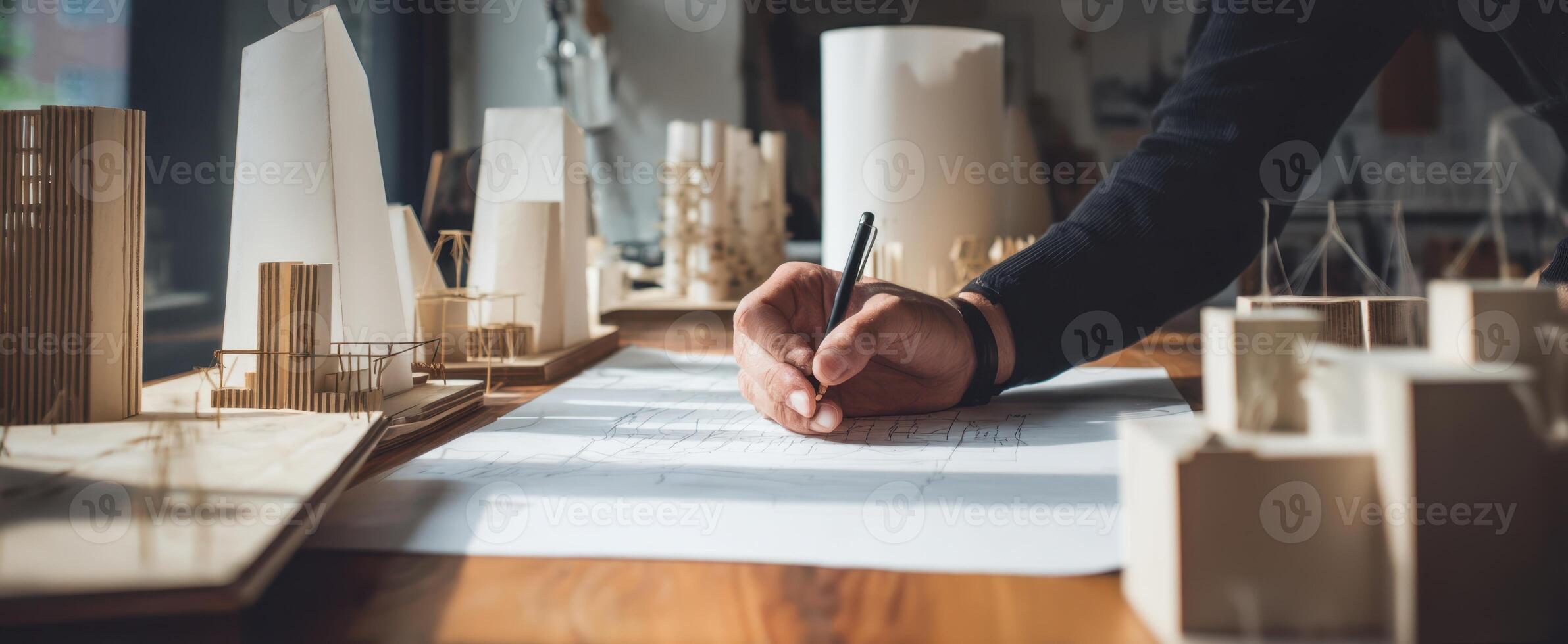 The architect's hand drafting plans surrounded by architectural models and designs. photo