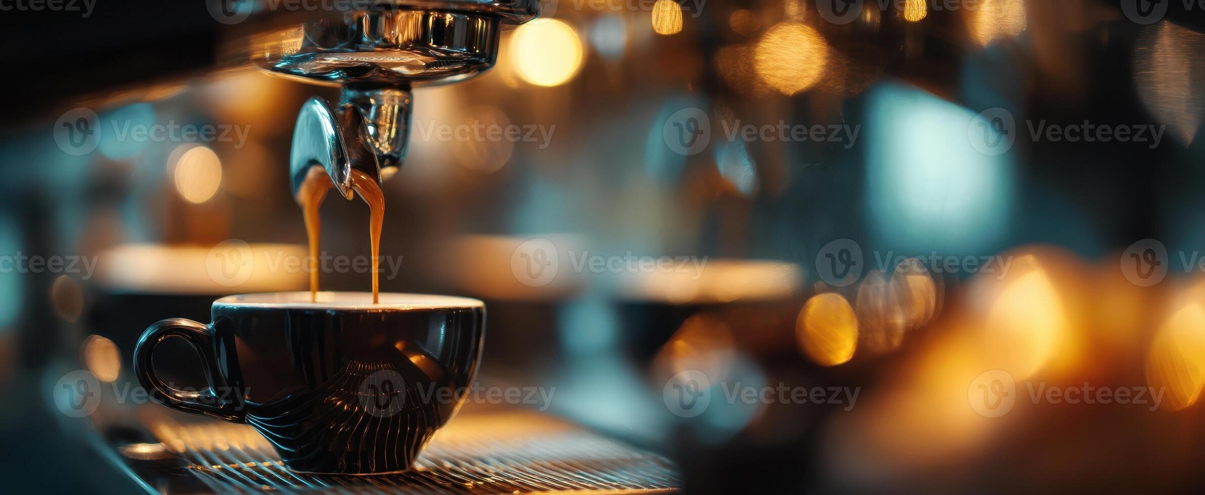 The espresso being brewed in a cozy cafe setting with warm tones. photo