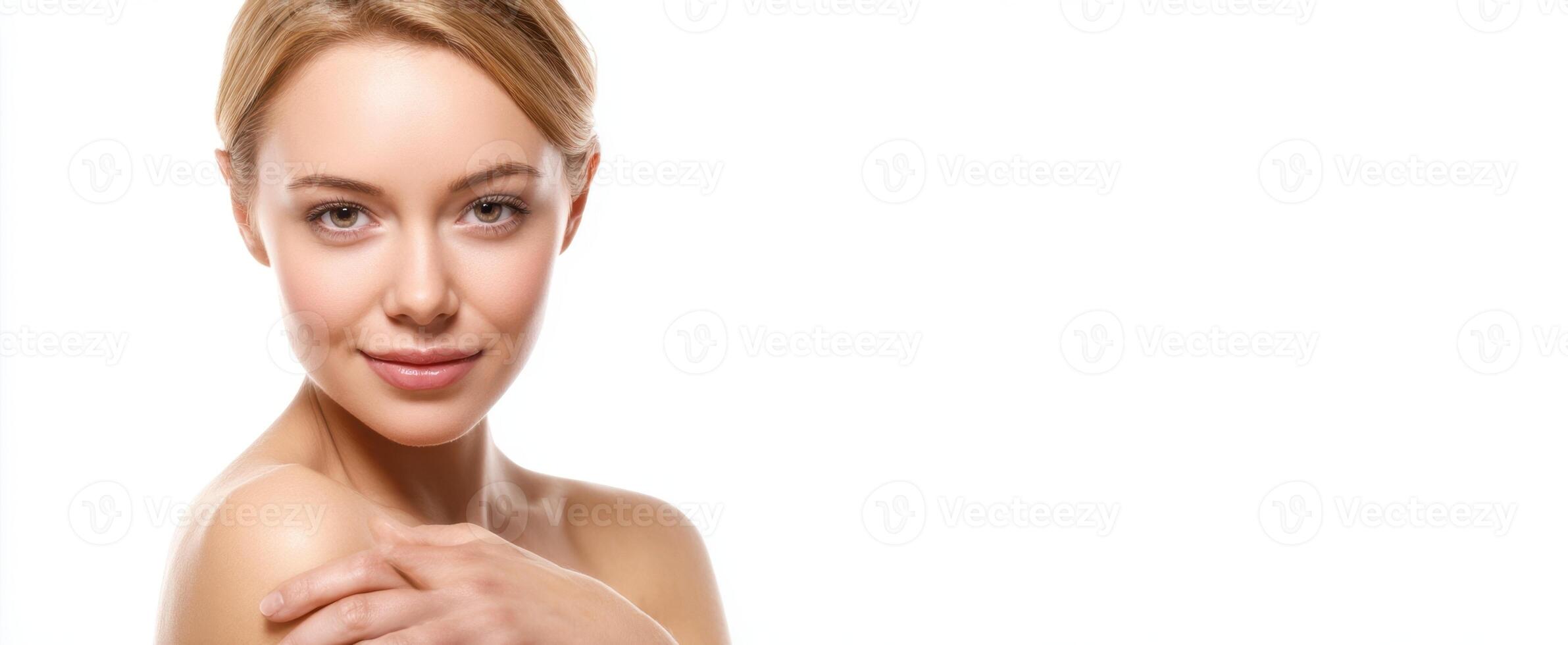 The elegant woman showcasing radiant beauty and healthy skin in bright light. photo