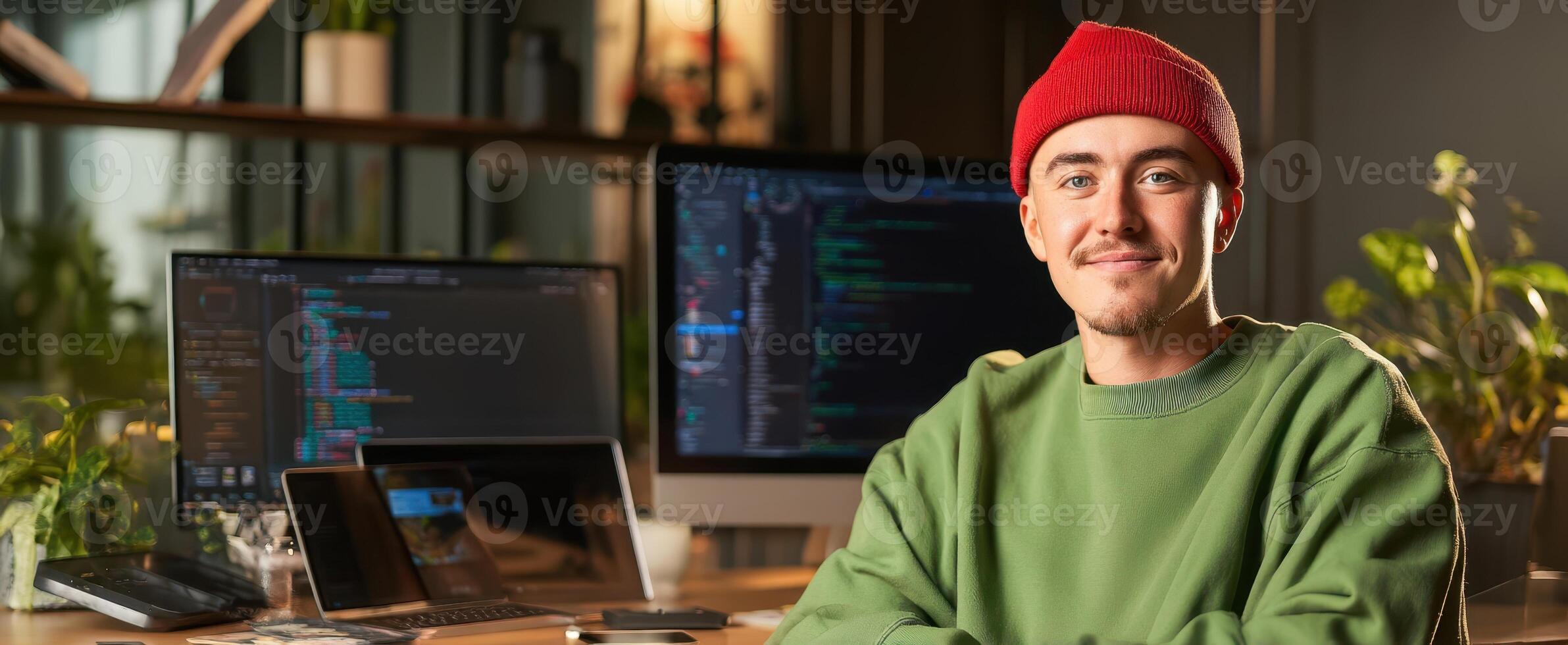 The young programmer smiling in a modern workspace with dual monitors. photo
