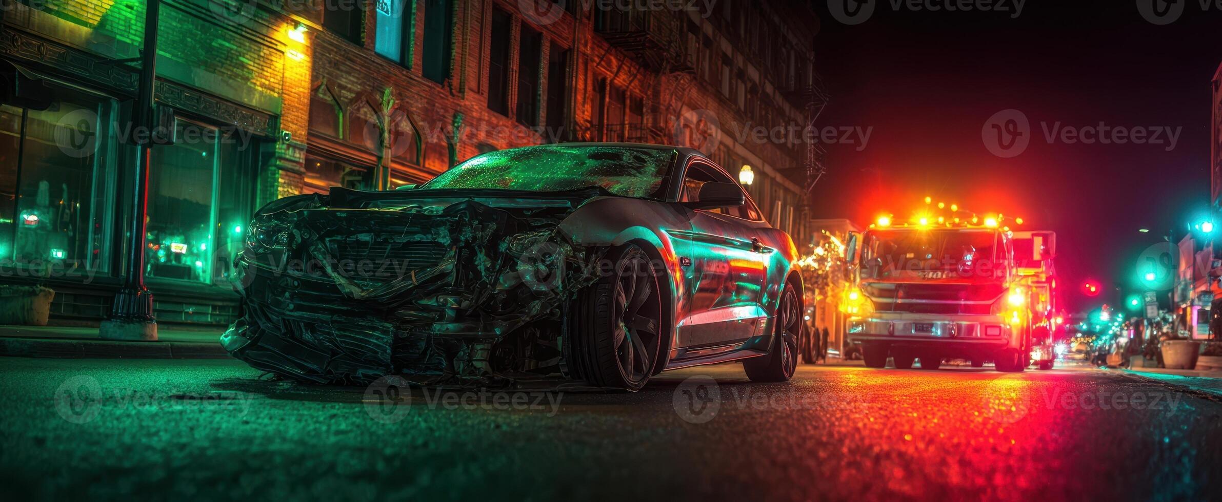 The damaged car illuminated by emergency lights in a vibrant city scene at night. photo