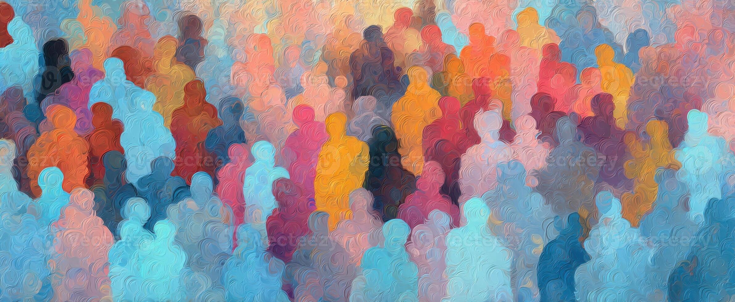 The crowd of abstract figures blending in vibrant colors and silhouettes. photo