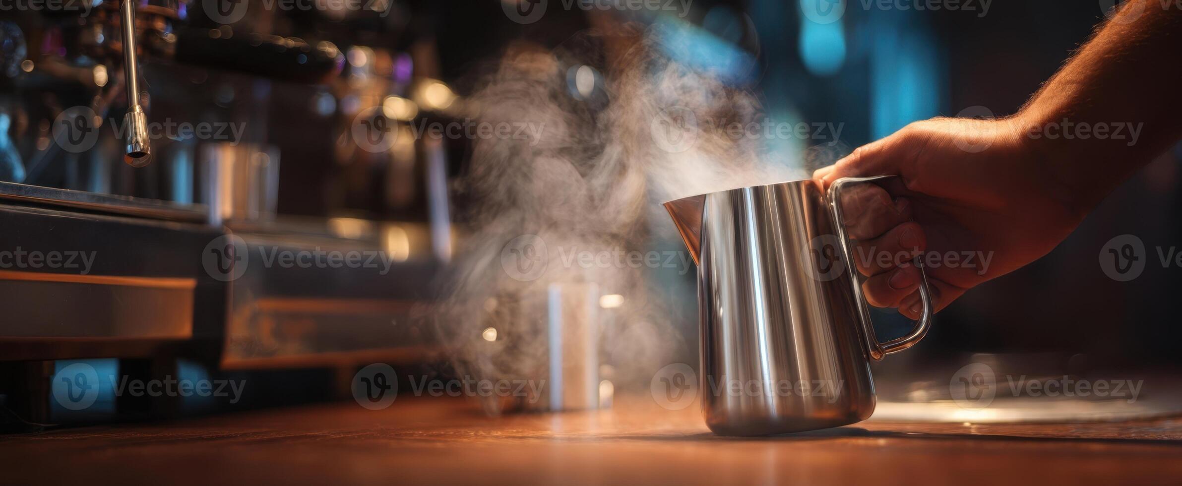 A person is pouring a steaming drink into a pitcher photo