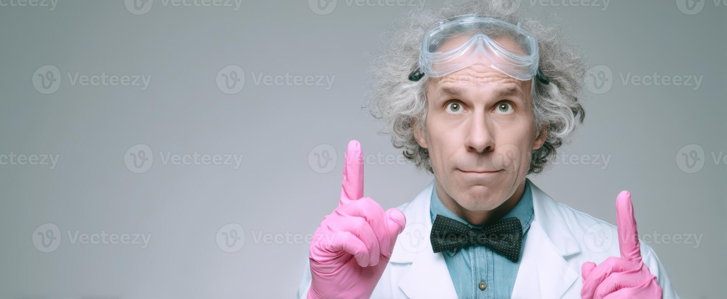 The scientist in pink gloves pondering an idea in the laboratory. photo