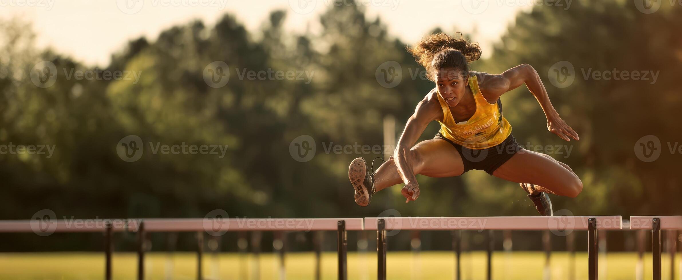 The athlete performing an impressive jump over hurdles during a training session. photo