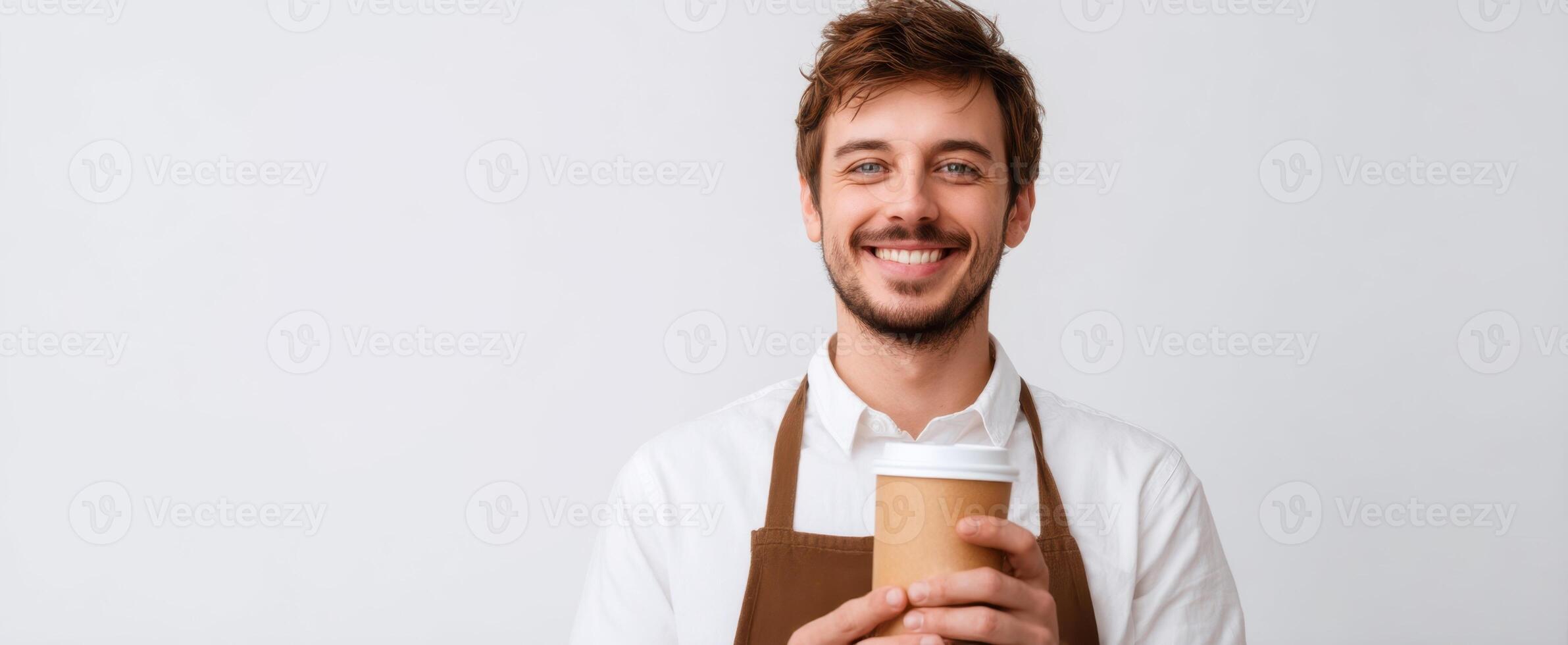 A man in an apron holding a coffee cup photo