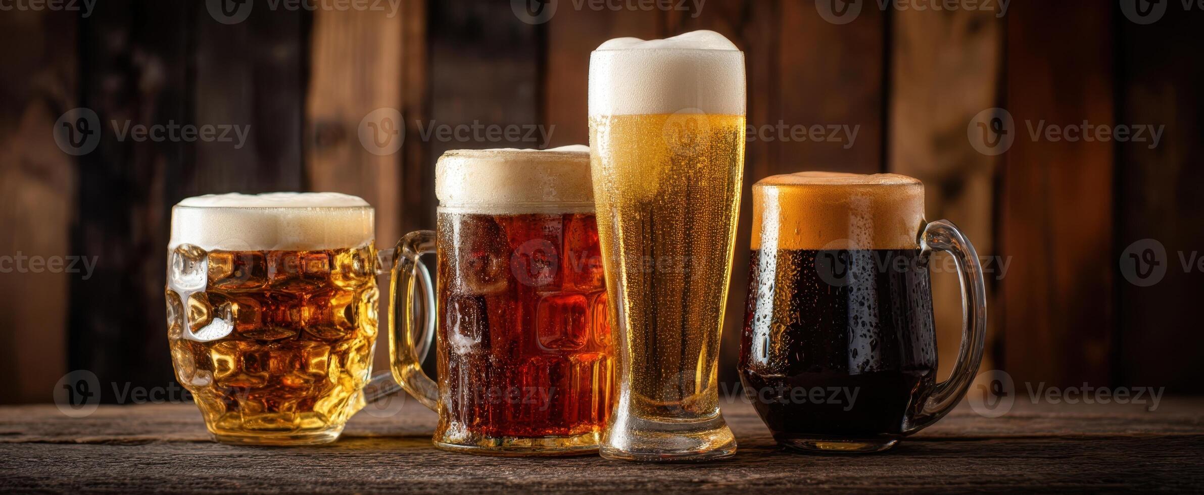 The colorful assortment of beers showcasing different styles and textures. photo