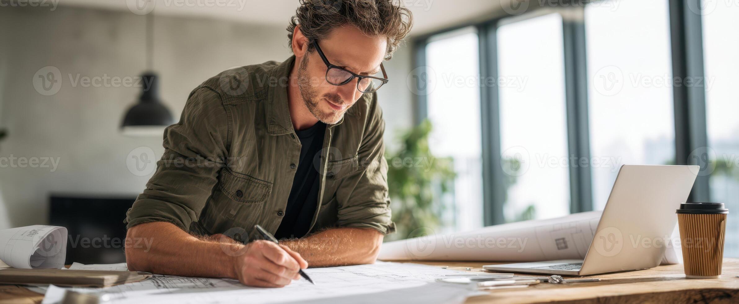 The architect analyzing blueprints in a modern workspace with laptop and coffee. photo