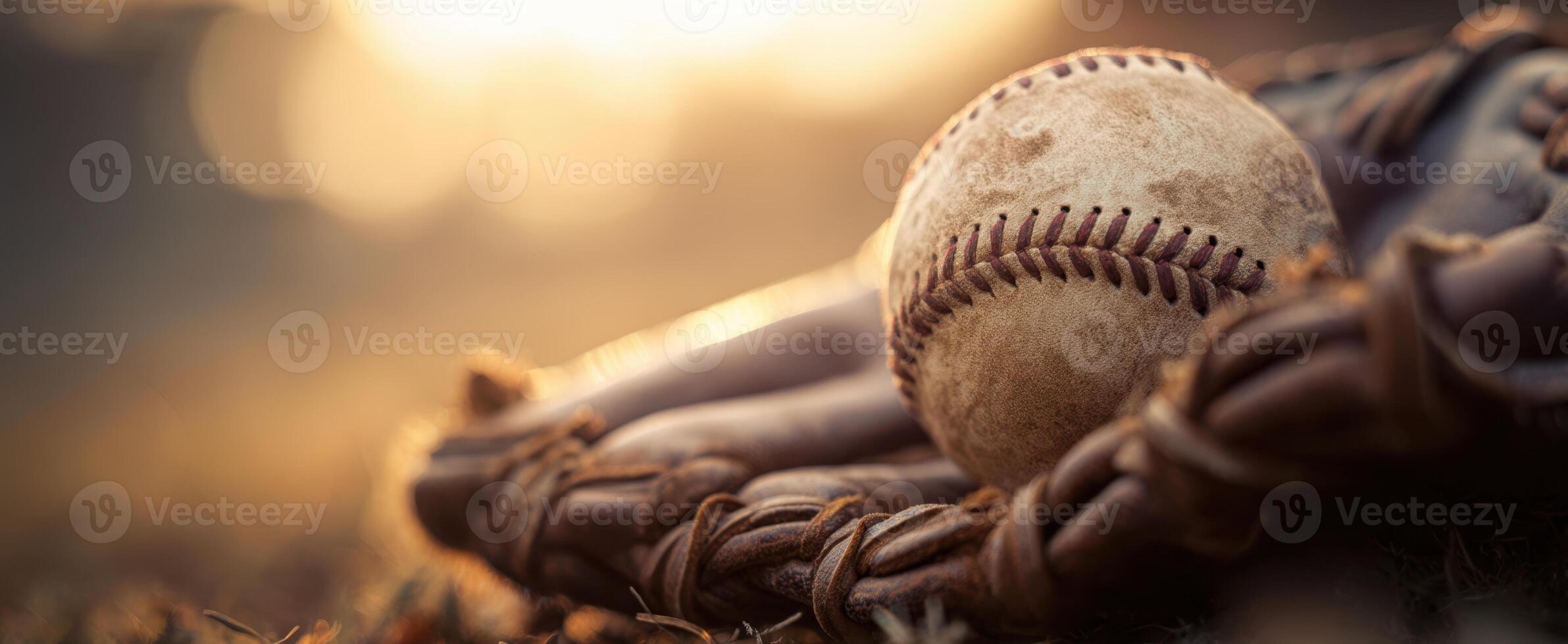 The baseball resting gently on a glove in the warm evening glow. photo