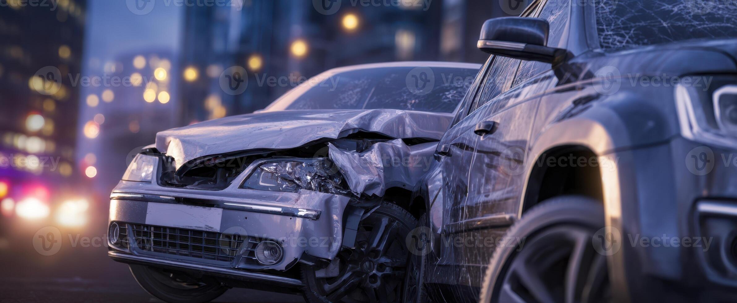 The aftermath of a dramatic car accident in a bustling urban environment. photo