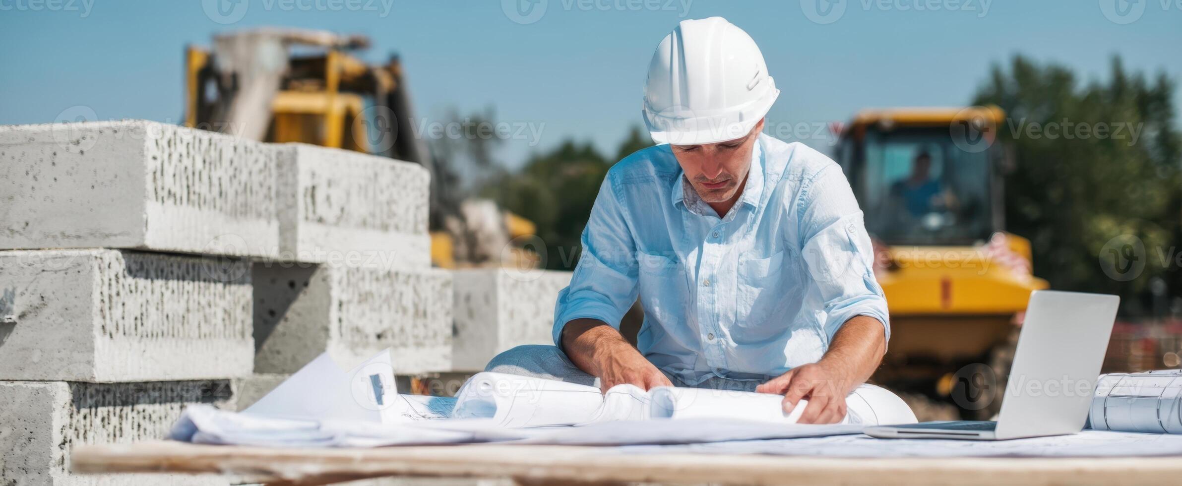 The Construction Engineer Analyzing Blueprints on a Site with Heavy Machinery Nearby photo