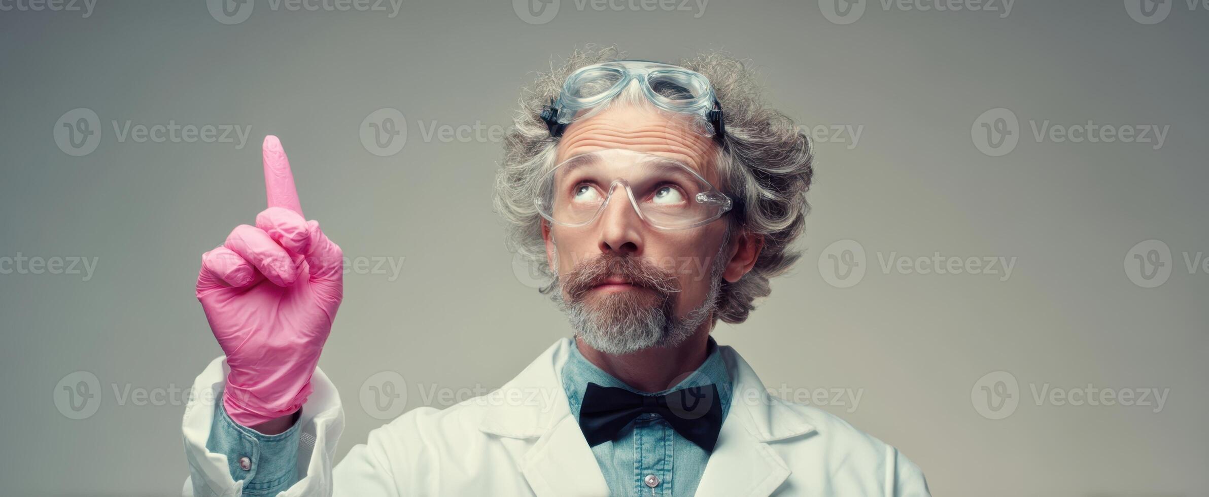 The scientist pointing upwards with excitement and curiosity in a laboratory setting. photo
