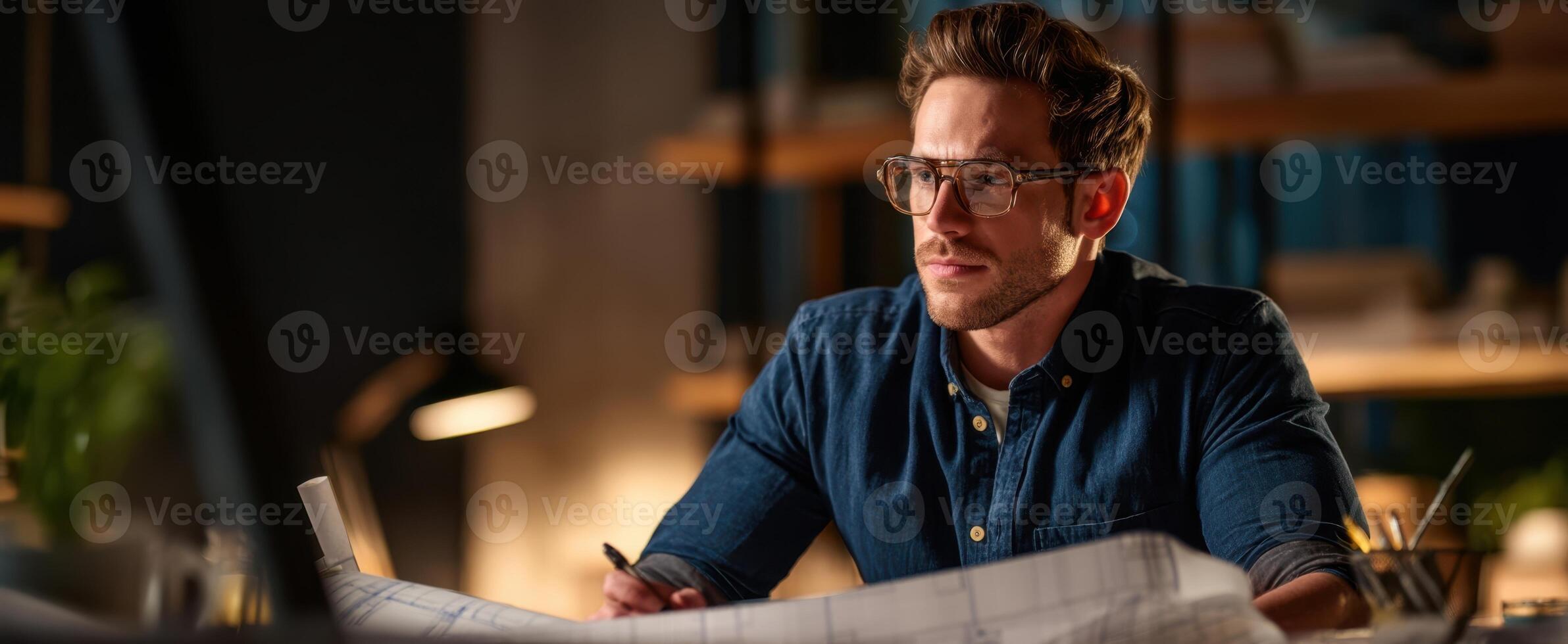 The dedicated architect reviewing plans in a stylish modern workspace. photo