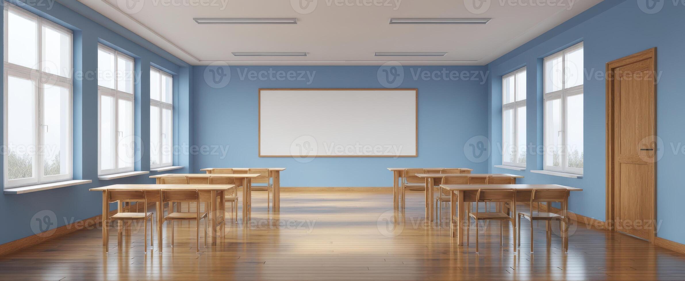 The modern classroom with wooden furniture and large windows inviting natural light. photo