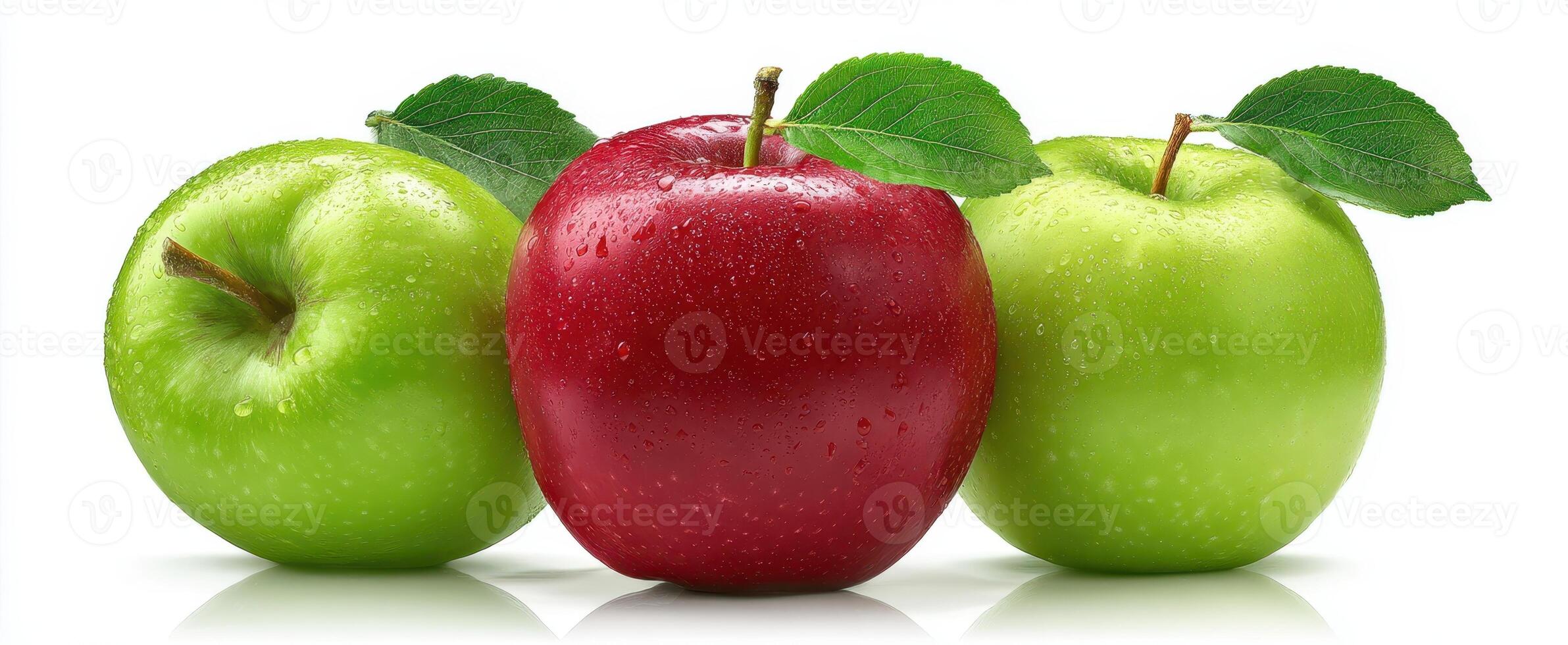 The vibrant display of green and red apples with fresh leaves. photo